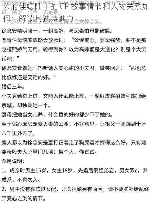 公府佳媳陆丰的 CP 故事情节和人物关系如何：解读其独特魅力