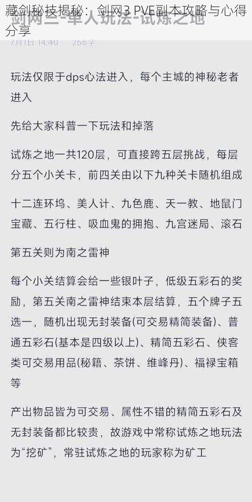 藏剑秘技揭秘：剑网3 PVE副本攻略与心得分享