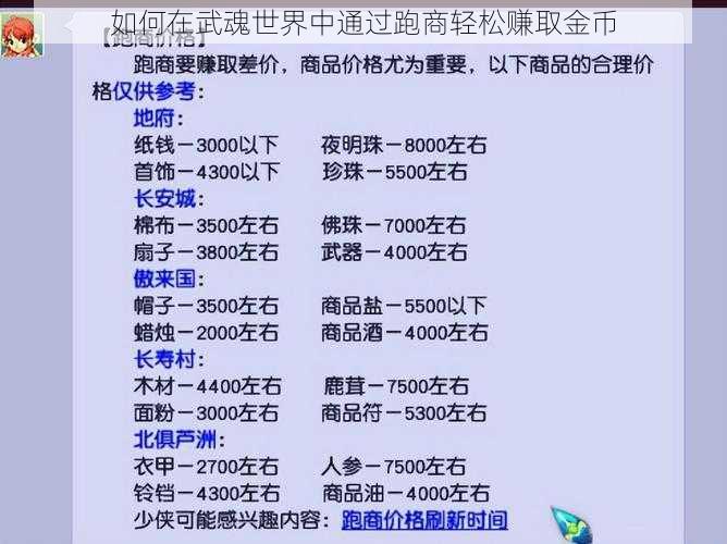 如何在武魂世界中通过跑商轻松赚取金币