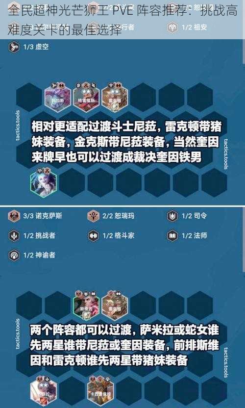 全民超神光芒狮王 PVE 阵容推荐：挑战高难度关卡的最佳选择