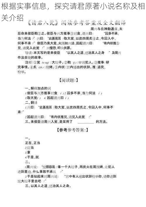 根据实事信息，探究请君原著小说名称及相关介绍